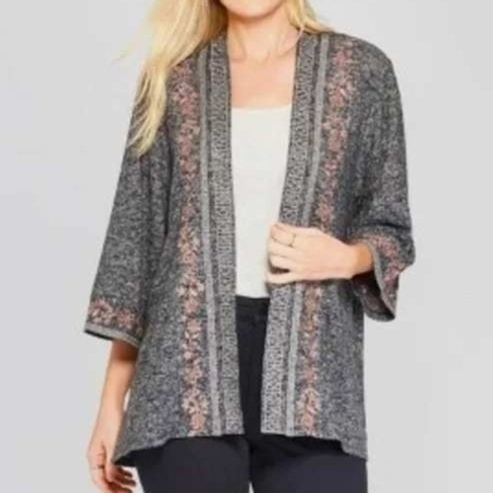 Knox Rose Gray Slub‎ Open Front 3/4 Sleeve Boho Embroidered Cardigan Size Medium
